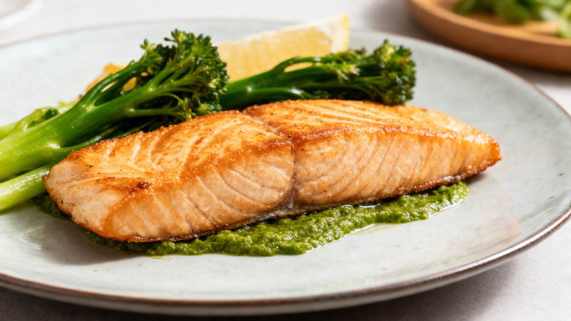 香煎三文鱼配青酱西兰花图片