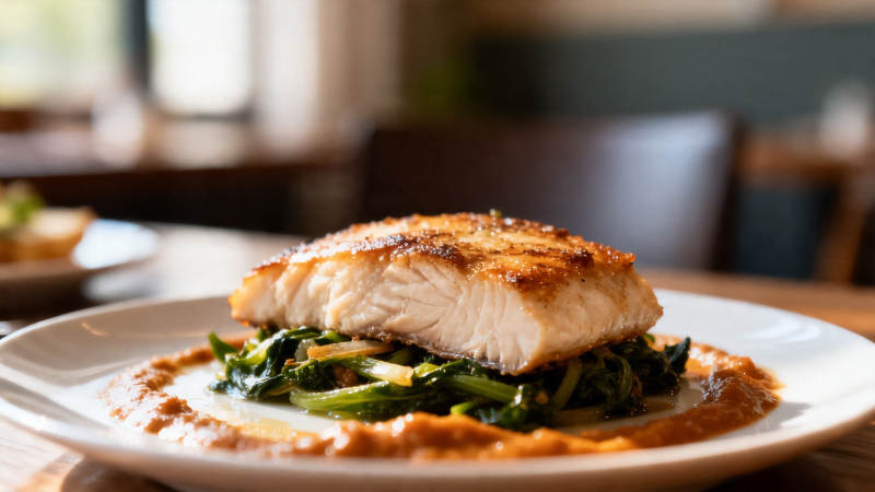 香煎鱼配绿叶菜酱盘图片