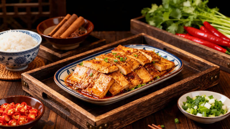 香煎豆腐配米饭小菜图片