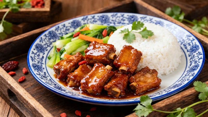 红烧排骨配白饭 青菜点缀香图片