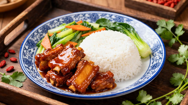 红烧排骨饭配青菜图片