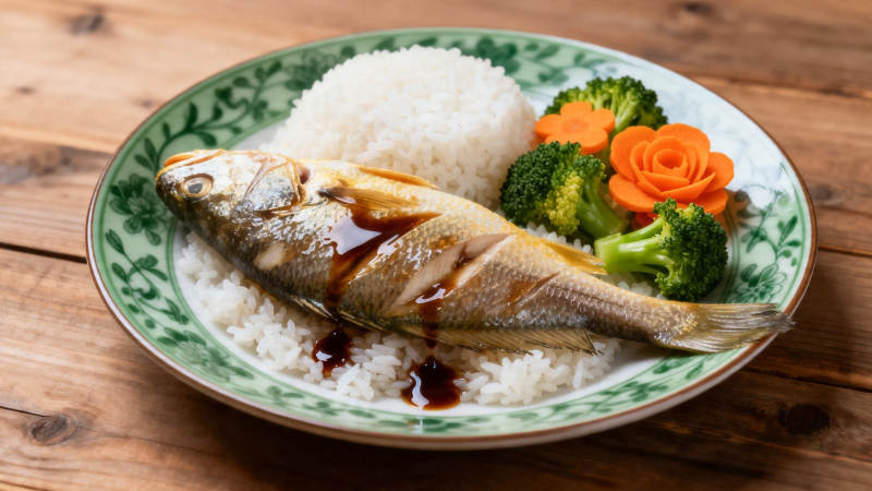 烤鱼配饭 绿意点缀美味餐图片