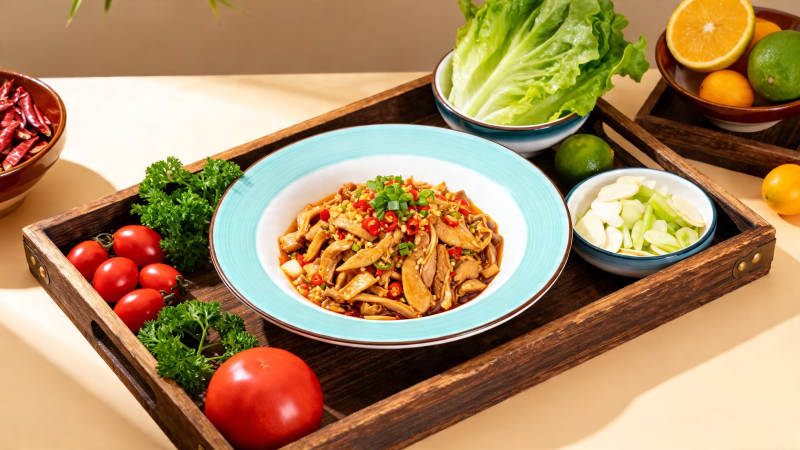 香辣手撕鸡配鲜蔬图片