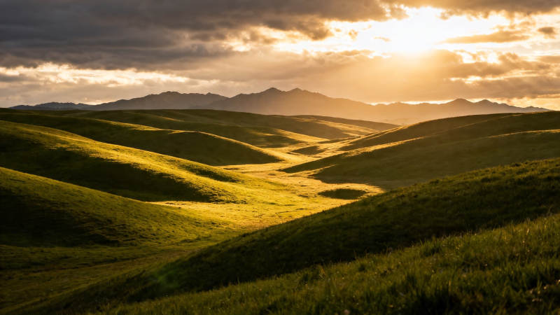 夕阳洒金 绿野连绵山影远图片
