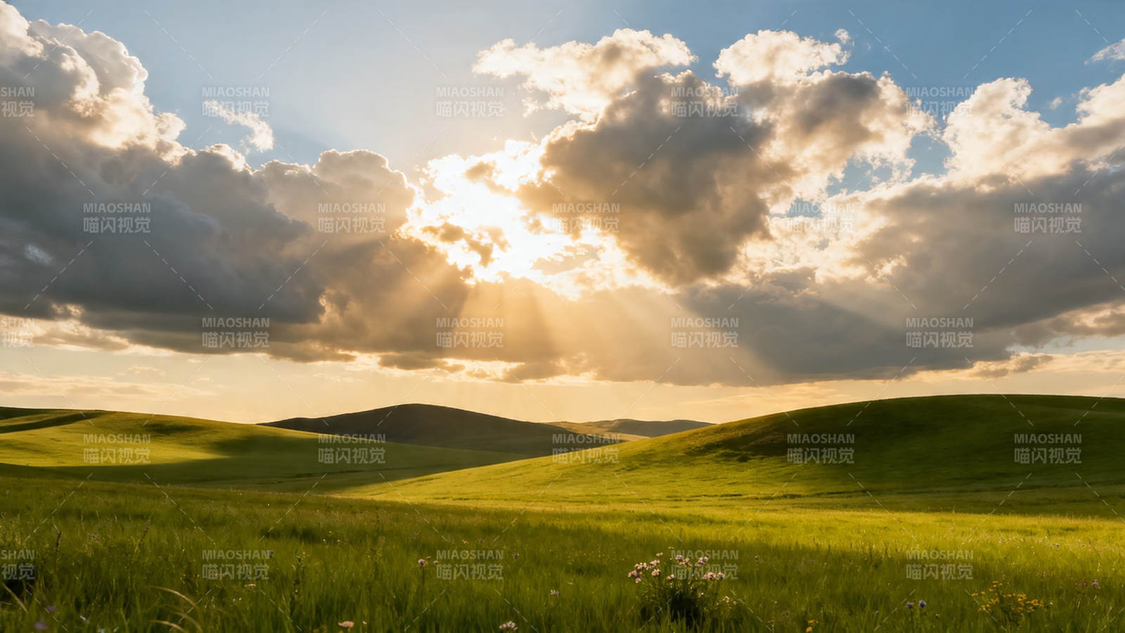 草原日落 云隙金光洒绿野图片