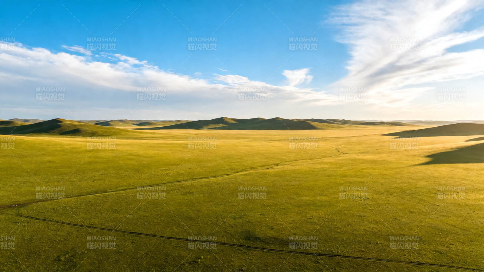 草原辽阔 蓝天白云下绿野无垠图片