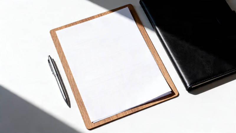 木夹板白纸笔与黑本静置桌面图片