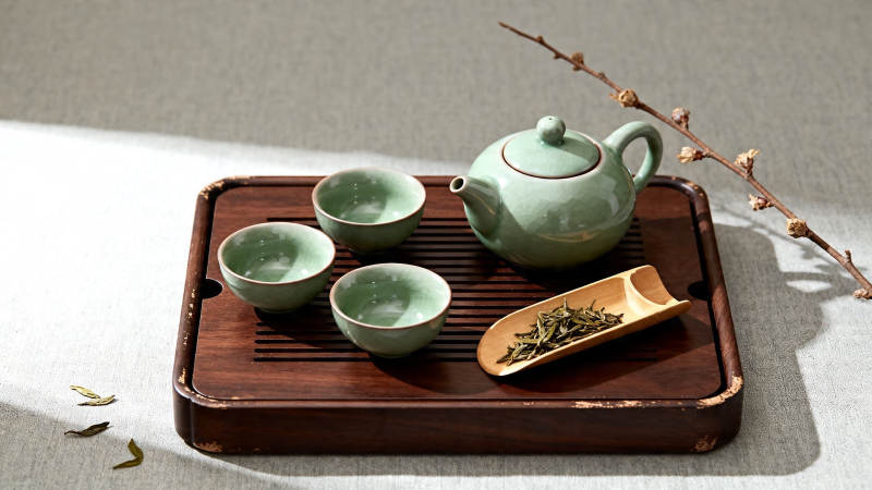 青瓷茶具配木盘 雅致禅意图片