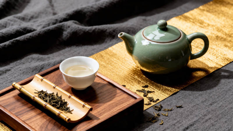 青瓷茶壶配竹托 静雅茶道时光图片