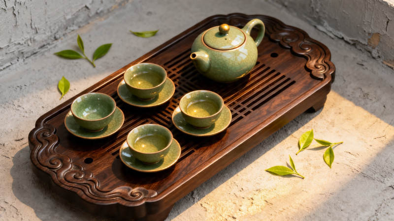 青瓷茶具静置木盘上图片