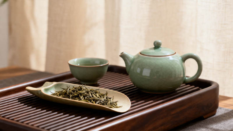 青瓷茶具配干茶 雅致禅意浓图片