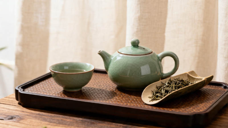 青瓷茶具配绿茶 雅致茶席图片