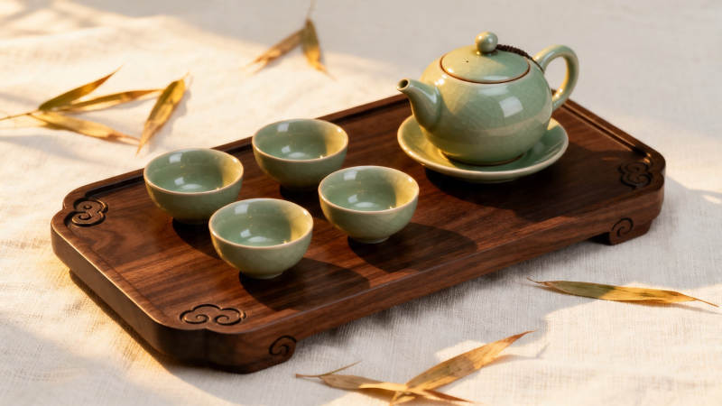 青瓷茶具配竹韵木盘图片