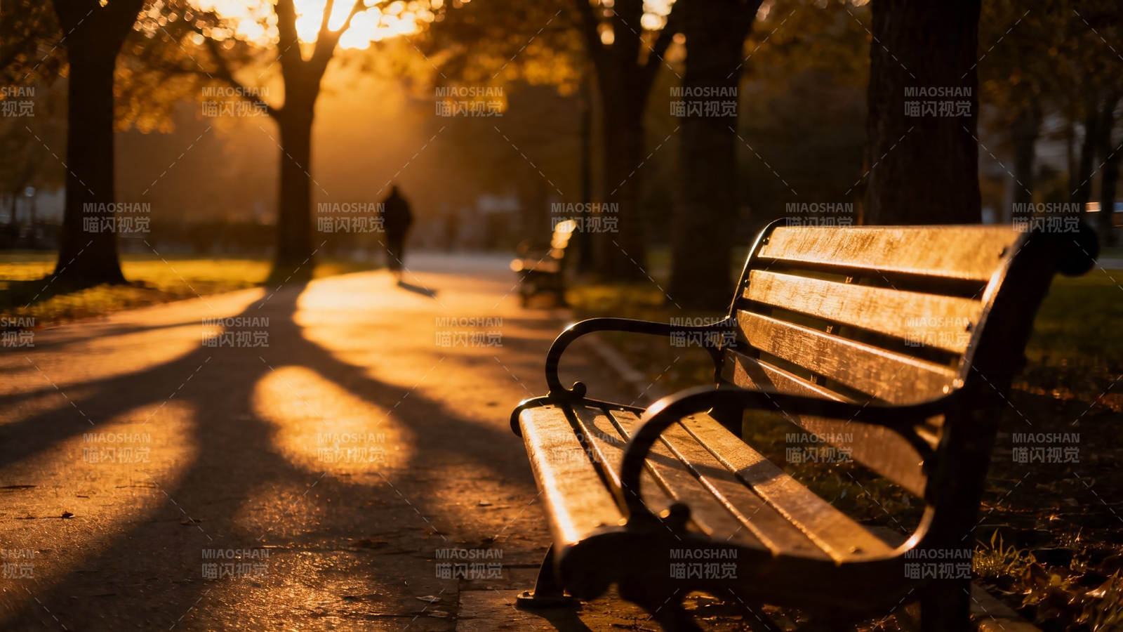 秋日黄昏 长椅静候归人图片
