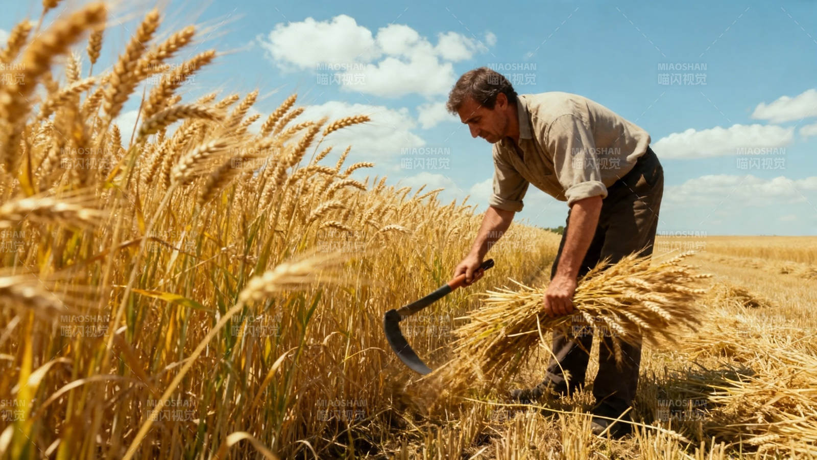农人镰刀收割金黄麦田图片