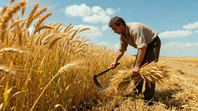 农人镰刀收割金黄麦田图片