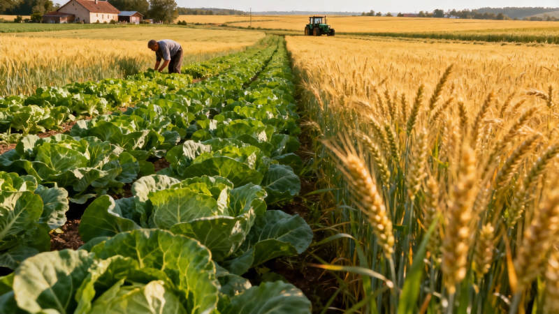 田间劳作 麦菜共生景图片