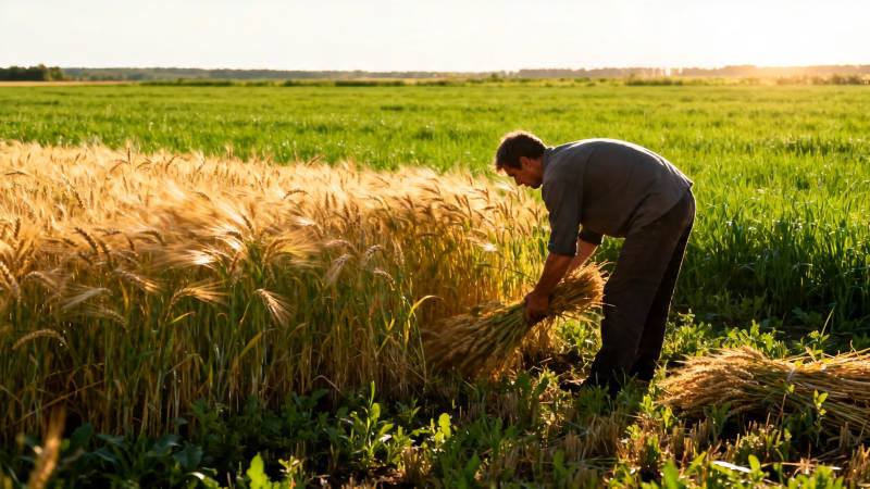 农夫弯腰收割金黄麦浪图片