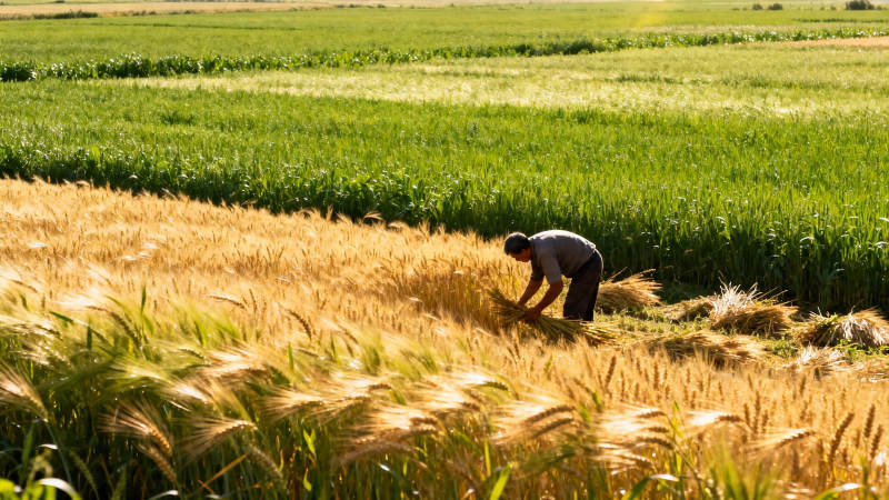 麦田里弯腰收割的农人图片
