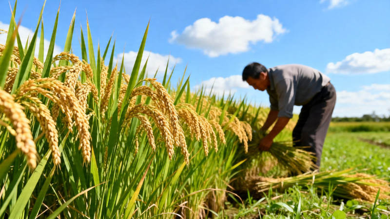 农民收割金黄稻穗图片