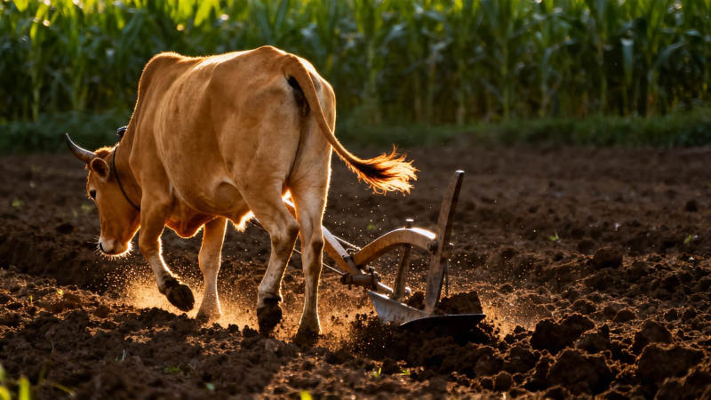 耕牛犁田 夕阳映金辉图片