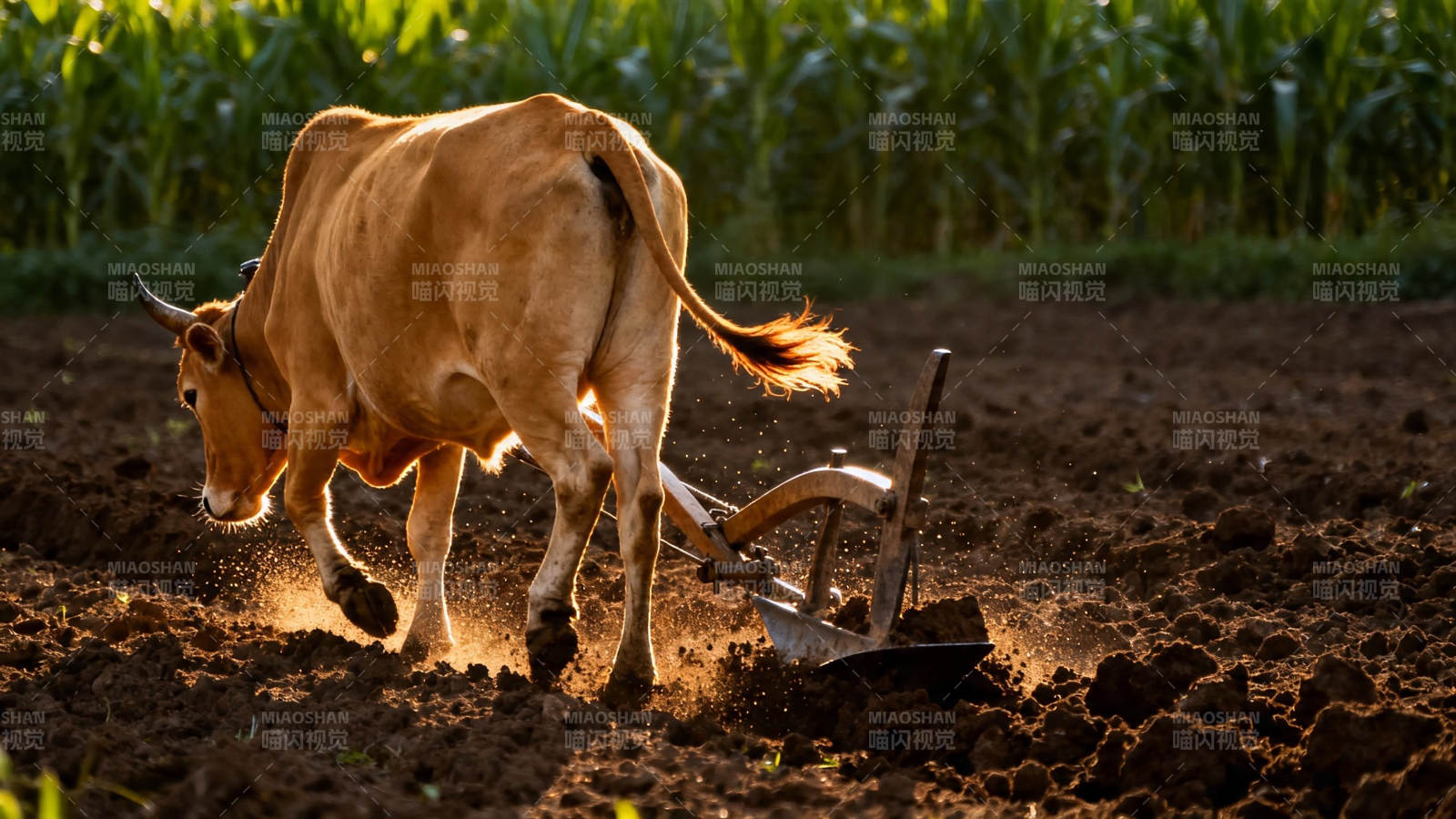 耕牛犁田 夕阳映金辉图片