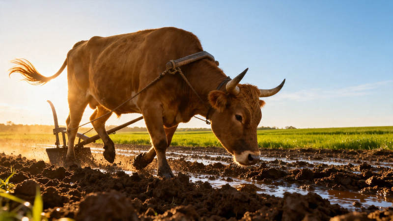 耕牛犁田 夕阳映野图片