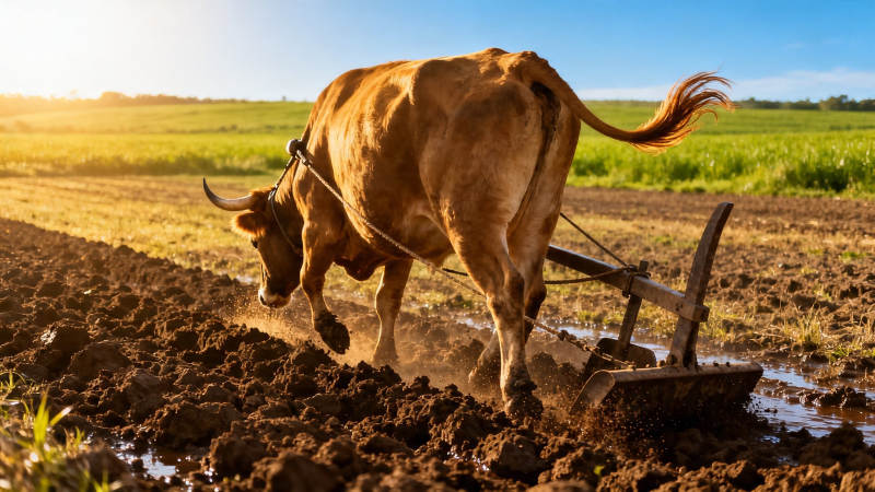 耕牛犁田 夕阳映野图片