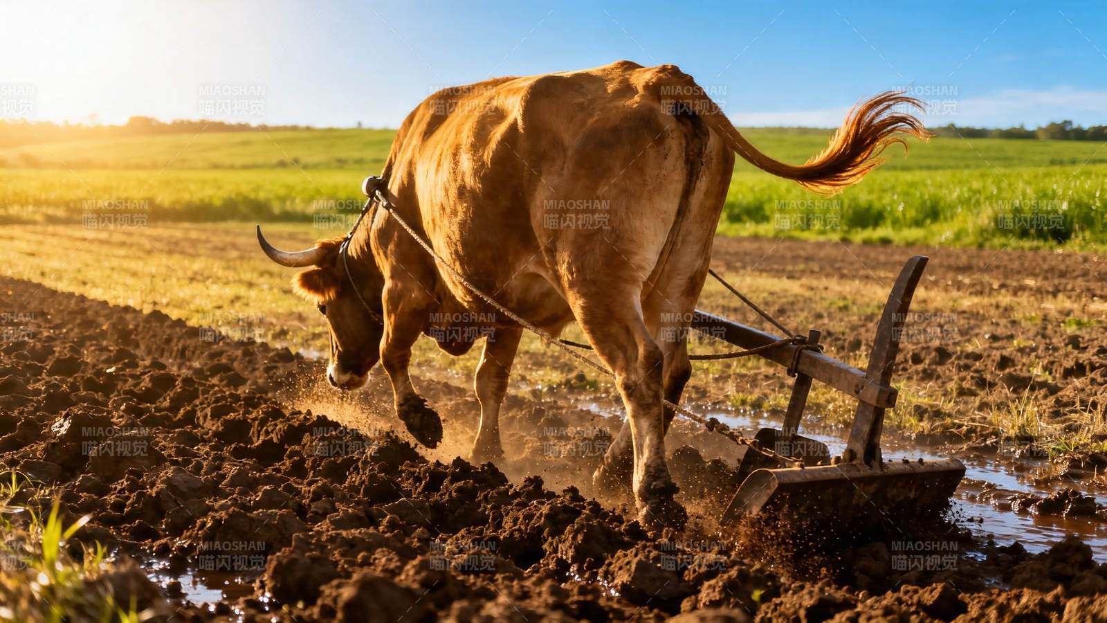 耕牛犁田 夕阳映野图片
