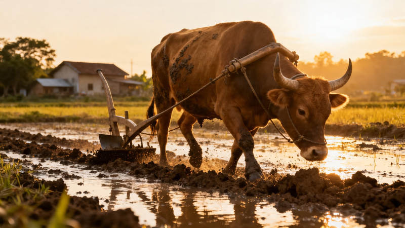 夕阳下耕牛犁田图图片