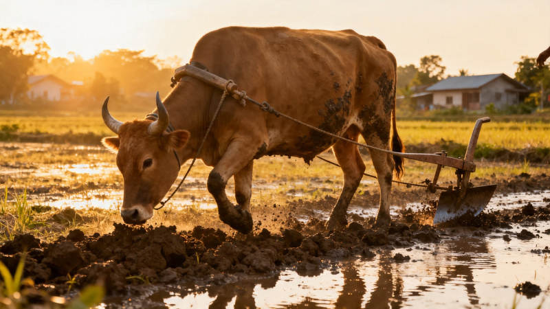 夕阳下耕牛犁田忙图片