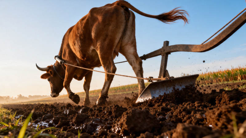 耕牛犁田 晨光映沃土图片