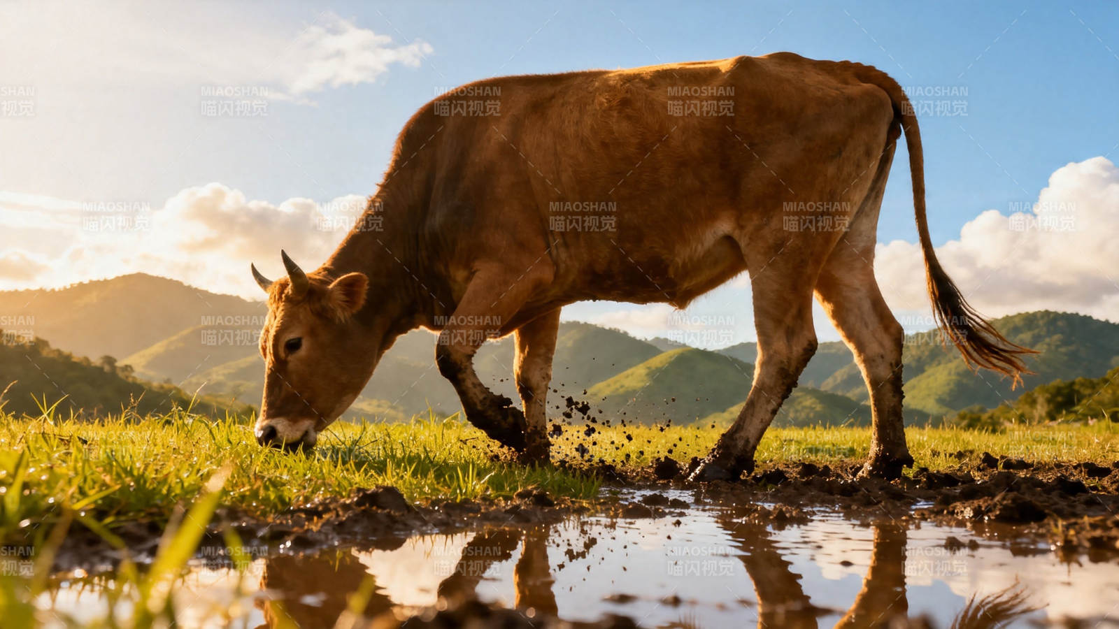 夕阳下牛踏泥饮水图片