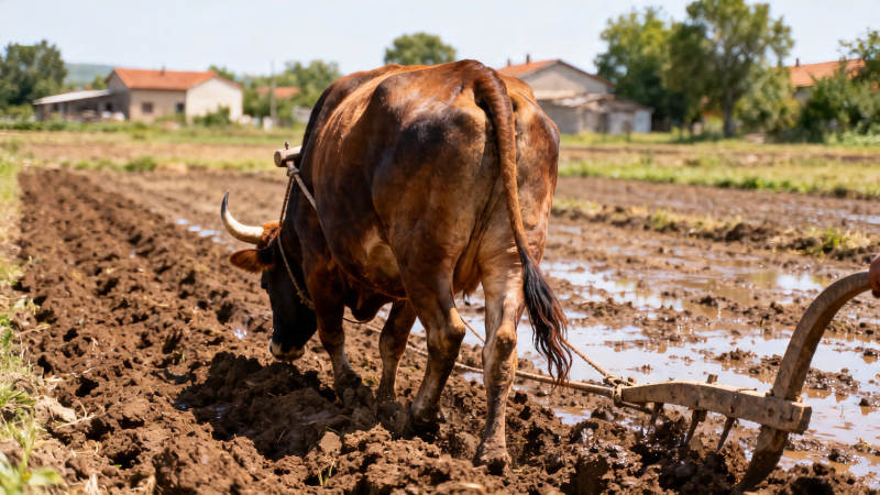 耕牛犁田 泥土翻涌图片