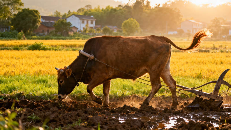 夕阳下耕牛犁田忙图片
