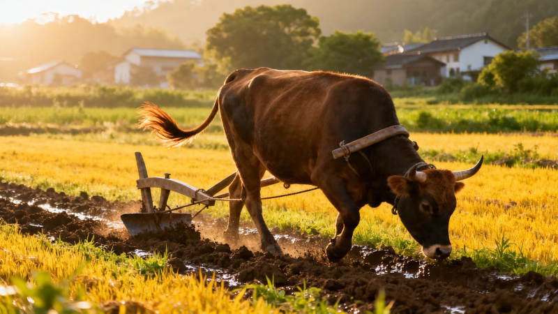 耕牛犁田 夕阳映乡野图片