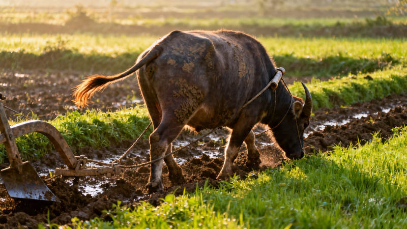 水牛耕田 夕阳映绿野图片