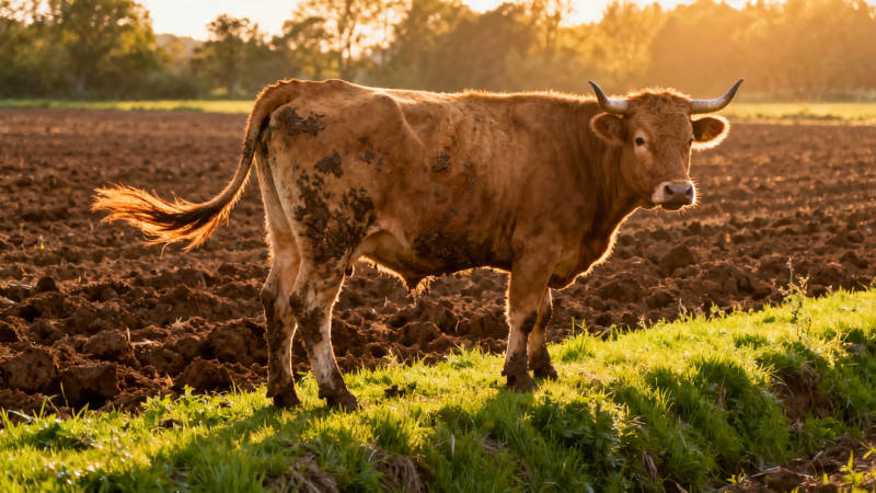 夕阳下耕牛立田埂图片
