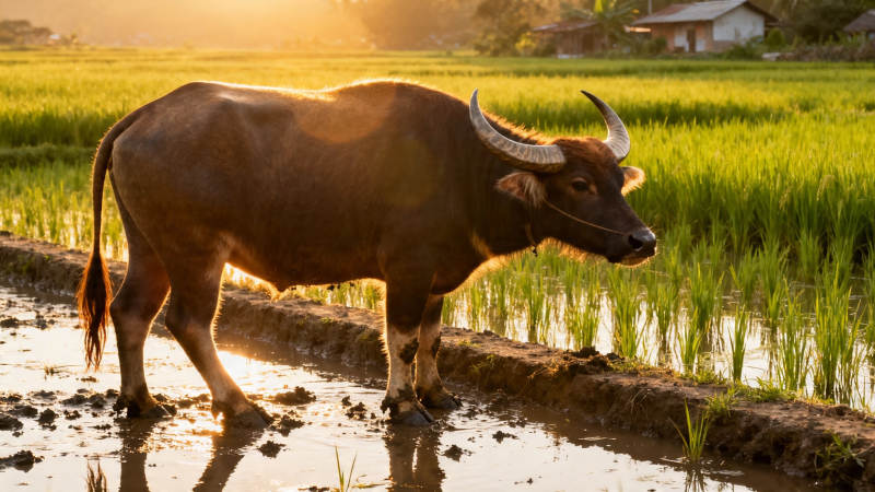 夕阳下 水牛漫步稻田边图片