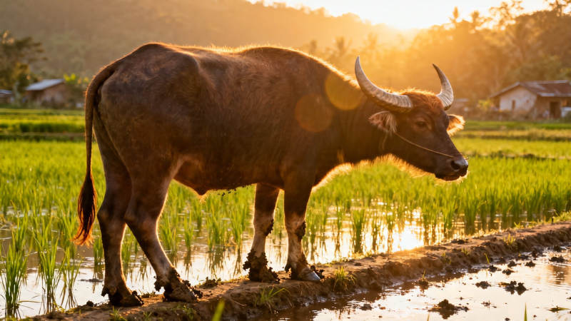 夕阳下的水牛漫步稻田图片