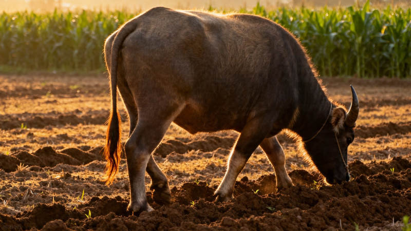 耕牛暮色中犁田图片