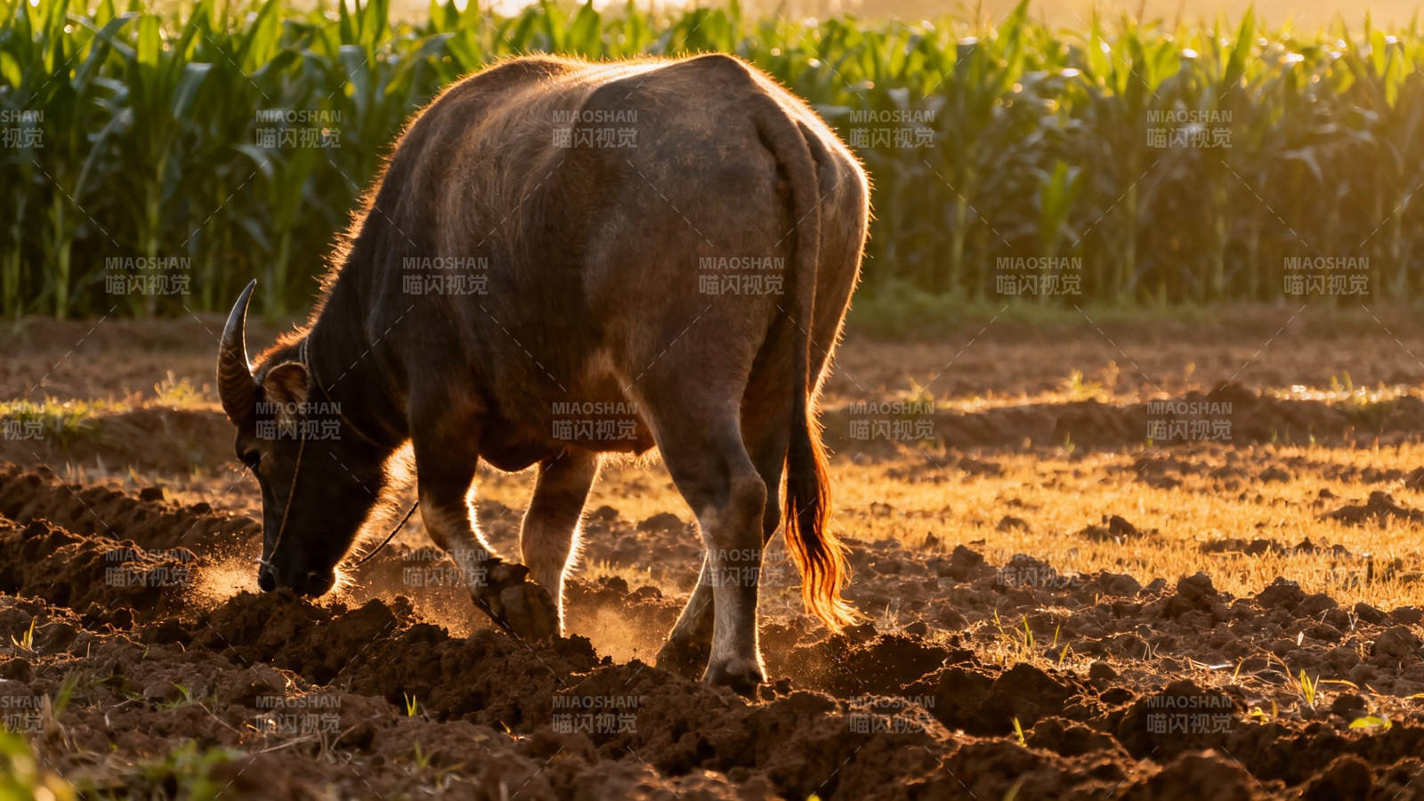 耕牛夕阳下犁田图片