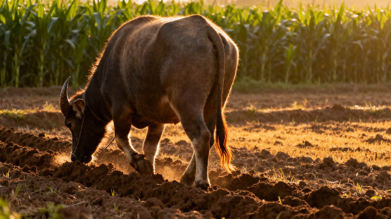 耕牛夕阳下犁田图片