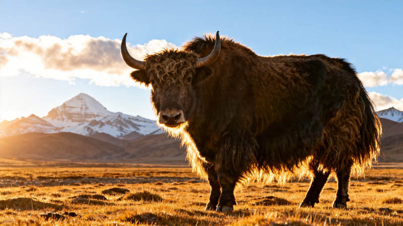高原牦牛迎雪立图片