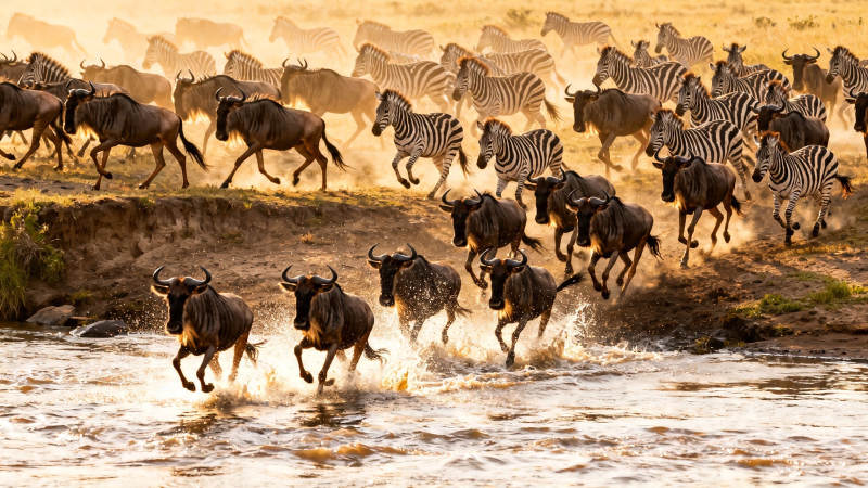 角马斑马渡河大迁徙图片