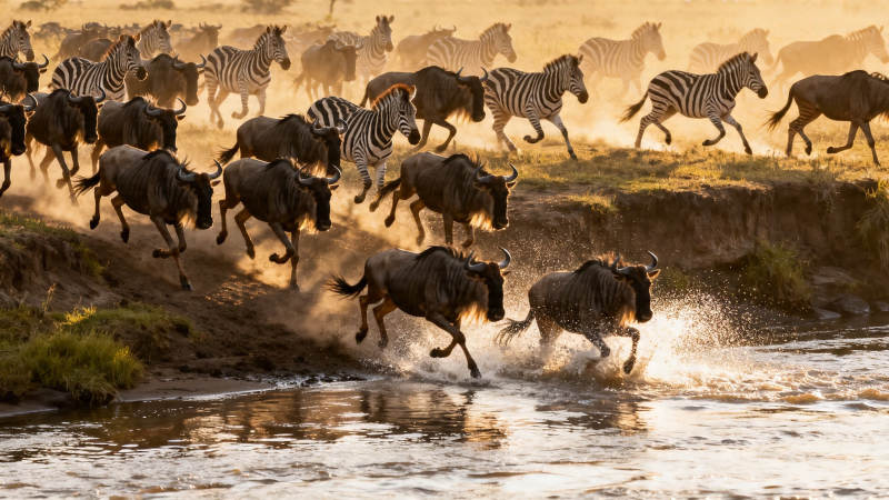 角马斑马渡河狂奔图片