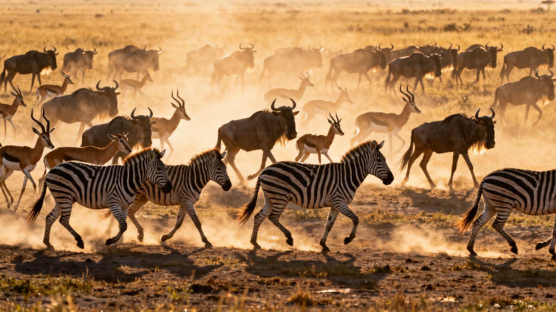 草原迁徙 斑马与角马狂奔图片