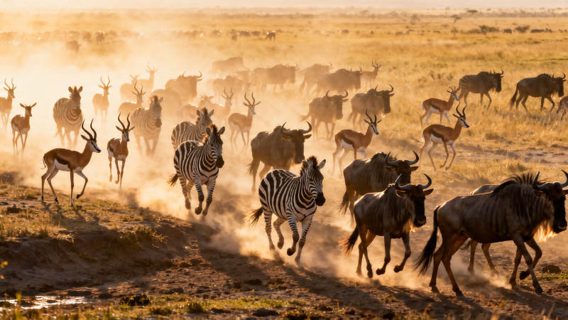 草原兽群奔腾扬尘图片