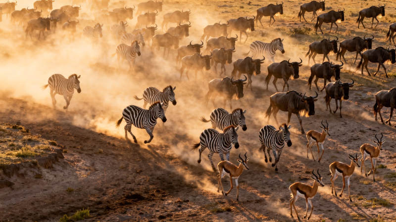 草原兽群奔腾扬尘图片