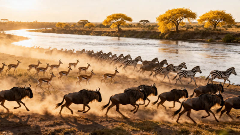 草原迁徙 斑马羚羊共奔河图片
